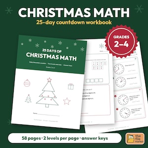 Może przedstawiać: 25-dniowy zeszyt ćwiczeń z matematyki na Boże Narodzenie dla klas 2-4. Okładka ma zielono-biały wzór z choinką, bombkami i płatkami śniegu. Wewnątrz znajdują się zadania matematyczne, ćwiczenia z zegarami i kody do rozwiązania.