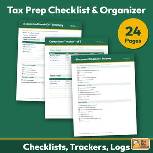 Printbare checklist en belastingorganizer voor belastingaangifte, ongedateerd, inclusief aftrekpostenoverzicht, bonnenregister, bijverdiensten- en kilometerregistratie, 24 pagina's, A4-formaat.
