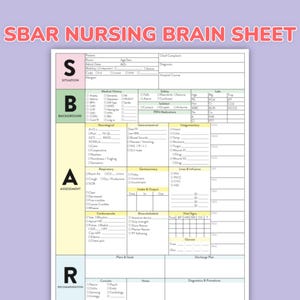 Può includere: Un foglio di lavoro infermieristico SBAR bianco su sfondo viola. Il foglio è diviso in sezioni etichettate S, B, A e R, con aree per informazioni sul paziente, anamnesi, valutazione e raccomandazioni. Il testo include termini medici.