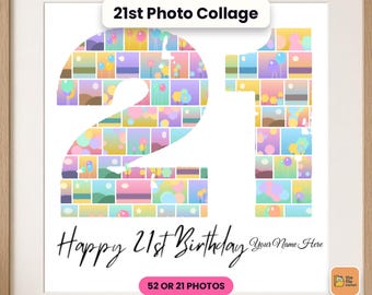 Puede incluir: Un collage de fotos enmarcado para el 21 cumpleaños con el número 21 relleno de pequeñas imágenes coloridas. El texto dice 21st Photo Collage, Happy 21st Birthday, Your Name Here y 52 OR 21 PHOTOS. Diseño en tonos pastel.