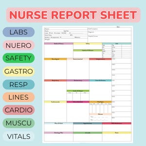 Może przedstawiać: Arkusz raportu pielęgniarskiego z tytułem "NURSE REPORT SHEET" w kolorze czerwonym. Arkusz podzielony jest na sekcje dotyczące informacji o pacjencie, historii medycznej, bezpieczeństwa, laboratoriów i parametrów życiowych. Kolorowe etykiety po lewej stronie obejmują "LABS", "NUERO", "SAFETY" i inne.