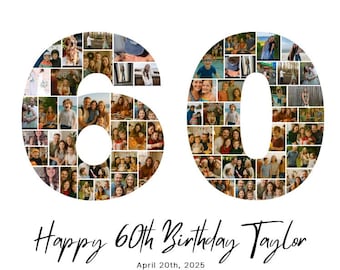 60th Birthday Photo Collage Template | Editable Canva Design | 60 Number Collage for 59 or 26 Photos | Printable 60th Birthday Gift Idea