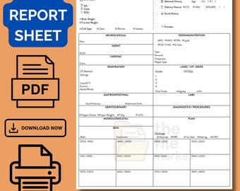 Hoja de informe de la UCIN: Hoja de trabajo de enfermería neonatal, plantilla de informe de enfermería neonatal, formato Word editable y PDF imprimible