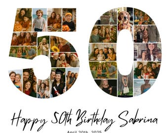 50th Birthday Photo Collage Template | Editable Canva Design | 50 Number Collage for 59 or 26 Photos | Printable 50th Birthday Gift Idea