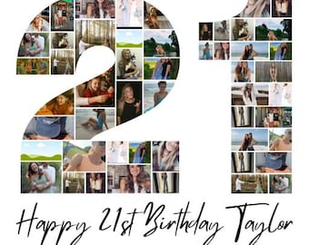 Modello di collage fotografico per il 21° compleanno / Design modificabile su Canva / Regalo stampabile per il 21° compleanno per lei o per lui / Decorazione personalizzata per il numero 21 del compleanno