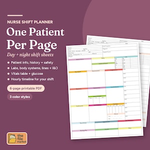May include: A nurse shift planner printable PDF featuring a one patient per page layout. The document includes sections for patient info, medical history, labs, body systems, lines, intake and output, vitals, and an hourly timeline.