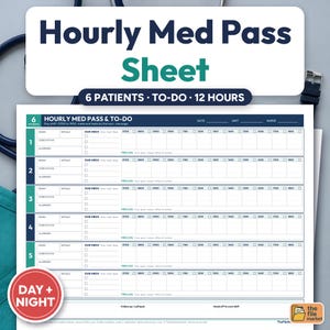May include: A printed Hourly Med Pass Sheet for 6 patients over 12 hours. The document features rows for patient room, initials, due meds, code status, and allergies, with hourly checkboxes from 0700 to 1800 and a PRN log section for each.