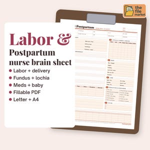 May include: A Labor & Postpartum nurse brain sheet on a clipboard. The document features sections for vitals, fundal checks, baby details, labs, and discharge education. The text includes Labor & Postpartum nurse brain sheet, Labor + delivery, Fundus + lochia, Meds + baby, Fillable PDF, and Letter + A4.