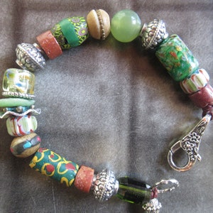 African Trade beads Bracelet for women green painted Japanese tube bead Tibetan silver spacers Harriet Love Jewelry
