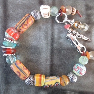 Adjustable African Trade beads Bracelet for Women yellow orange trade beads patterned trade beads silver angel charm