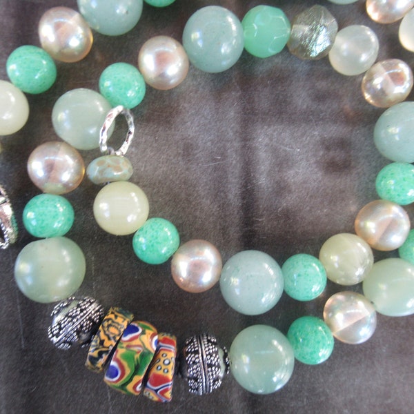 Boho Chic Trade Beads Necklace Hippie Urban Harriet Love Jewelry Green Aventurine Bali silver pearl beads Free Ship usa