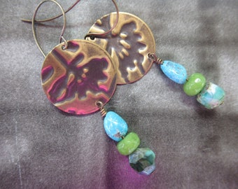 Colorful Turquoise Brass Earrings faceted glass Harriet Love Jewelry hippie handcrafted ethnic earrings OOAK gift for her