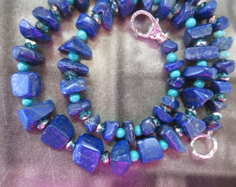 Boho Chic Faceted Blue Lapis Necklace Hippie Afghani Stones Turquoise spacers Harriet Love Jewelry OOAK gemstone necklace