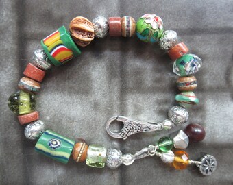 Boho Chic African Trade Beads Jewelry men's size Harriet Love Jewelry colorful urban artsy bracelet silver star charm