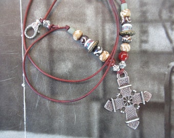 Ethnic beaded European silver cross pendant leather cord Harriet Love Jewelry Long length unisex hippie urban