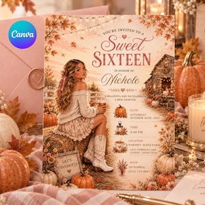 May include: A Sweet Sixteen invitation card featuring a young person with long wavy hair wearing a cream sweater, skirt, and white cowboy boots sitting on hay. The text reads: You're invited to a Sweet Sixteen in honor of Nichole, October 25th, 2025.