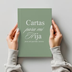 May include: A sage green journal titled "Cartas para mi Hija" in elegant white script, held by two hands. The journal's cover also includes the text "para mi querida Aurora" in a smaller font.