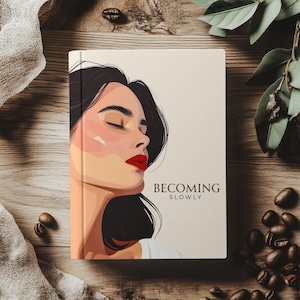 May include: A hardcover journal with a beige cover featuring an illustration of a woman with closed eyes and red lipstick. The text "BECOMING SLOWLY" is printed below the illustration. The journal is surrounded by coffee beans and greenery.