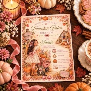 May include: A rectangular birthday invitation card featuring a girl in a dress, a cat, and a wheelbarrow filled with pumpkins. The text reads: You're invited to my Pumpkin Patch Birthday for Jamie, Saturday October 25th 2025, 3:00 P.M.