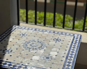 Handcrafted Moroccan Zellige Table Square, Cobalt Blue & Off White Mosaic Coffee Table, Handmade Mosaic Tile Patio Garden Furniture