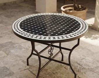Tablero de mesa de mosaico marroquí, mesa de bistró con azulejos geométricos en blanco y negro, muebles auxiliares para café en patios exteriores - Paleta de colores y tamaño personalizados