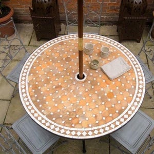 los angeles mosaic umbrella patio tables DYRJDJWIDHW Bistro Table Outdoor Dining Tables,Metal Table ,Outdoor Table with Hole,Outside Table,Small Outdoor Table,Blue and White 23.6