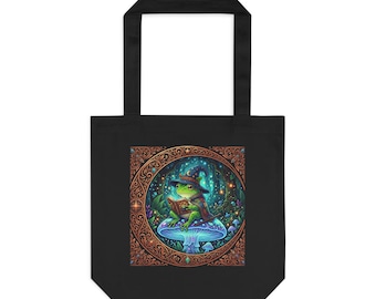Cottagecore Wizard Frog Canvas Tote - Mystical Magic Mushroom Spell Book Fairy G