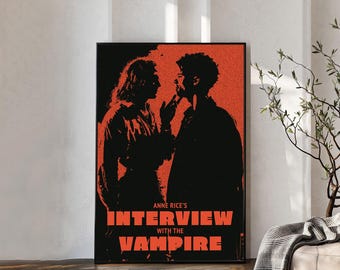 Puede incluir: Un póster rectangular con una ilustración gráfica de alto contraste en negro y naranja de dos figuras frente a frente. El texto ANNE RICE'S INTERVIEW WITH THE VAMPIRE aparece en letras naranjas, gruesas y en bloque sobre un fondo oscuro.
