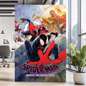 May include: A vertical poster featuring a dynamic illustration of multiple Spider-Man characters in action. The central figure is in a black and red suit with large white eyes. The text reads SPIDER-MAN ACROSS THE SPIDER-VERSE in bold letters.
