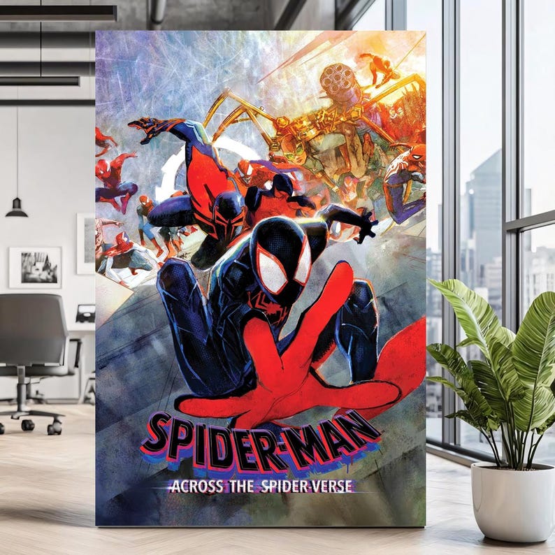 May include: A vertical poster featuring a dynamic illustration of multiple Spider-Man characters in action. The central figure is in a black and red suit with large white eyes. The text reads SPIDER-MAN ACROSS THE SPIDER-VERSE in bold letters.