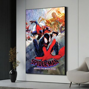 May include: A rectangular wall art print featuring a dynamic illustration of multiple Spider-Man characters in action. The central figure is Miles Morales in a black and red suit. The text Spider-Man Across the Spider-Verse is printed below.