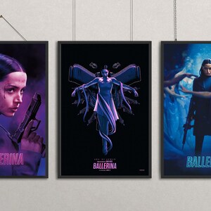 May include: Three framed posters with a dark theme. The posters feature a woman with a gun, a figure with wings, and a woman with a gun. The word "BALLERINA" is written in neon-style text at the bottom of each poster.