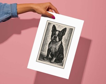 May include: Black and white Boston Terrier print on a white paper. The dog is sitting, facing forward, with a white chest and face markings. The artwork has a vintage, woodcut style, with a textured appearance. The background is a light beige.