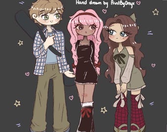 May include: Illustration of three custom chibi characters. The first character is a male with brown hair, wearing a plaid shirt and carrying a guitar case. The second character is a female with pink hair, wearing a black dress. The third character is a female with brown hair, wearing a green dress. Text reads "CUSTOM CHIBI CHARACTER".