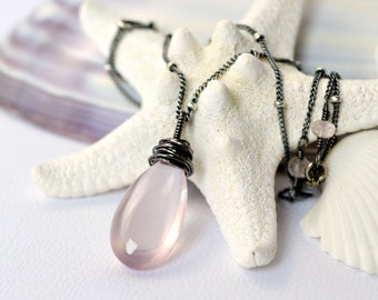 Rose Quartz Necklace - Smooth Rose Quartz Teardrop Pendant, Wire Wrapped, Oxidized Sterling Silver, Silver Satellite Chain, Station Chain