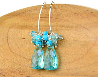 Sky Blue Quartz Earrings, Blue Gemstone Cluster Earrings/Swiss Blue Quartz Pyramids/Aqua Apatite/Turquoise/Sterling Silver Marquis Earrings