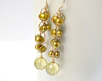 Lemon Quartz & Pearl Earrings, Pearl Cluster Earrings, Gold Dangle Earrings, Yellow Earrings, Gold Green Earrings, Pearl Clusters, Olive