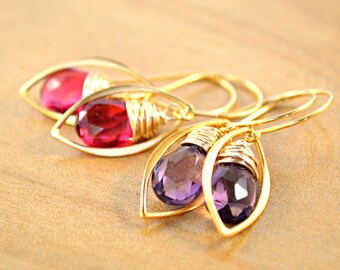 Purple Quartz Earrings, Pink Quartz Earrings, Leaf Shape Earrings, Gold Leaf Earrings, ONE PAIR, Your Choice of Pink or Purple Quartz