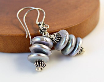 Silver Coin Pearl Earrings, Silver Pearl Earrings, Coin Pearl Earrings, Pearl Stack Earrings, Platinum Freshwater Coin Pearls, Sterling