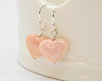 Pink Heart Earrings, Pink Conch Shell Heart Shaped Earrings, Pink Shell Earrings, Sterling Silver Heart Earrings, Peachy Pink Shell Earrings