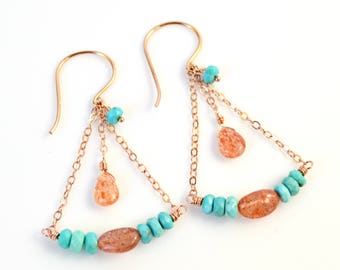 Turquoise & Sunstone Earrings, Sleeping Beauty Turquoise, Orange Sunstone, Rose Gold Earrings, Rose Gold Chain Earrings, Chandelier Style