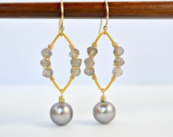 Silver Pearl and Labradorite Earrings, Marquis Shape, Gold Earrings, Platinum Gray Pearl Earrings, Gray Stone Earrings, Pearl Earrings, Leaf