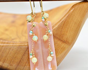 Pink Opal Earrings, Peruvian Pink Opal, Peach Pink Stone Earrings, Gold Earrings, Opal Turquoise Pearl Earrings, Opal Dangle Earrings, Welo