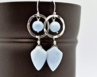 Blue Opal & Sterling Silver Circle Earrings, Shield Shaped Blue Opal, Hammered Silver Circle Links, Light Blue Gemstone, Boho Earrings