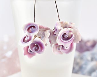 Purple Shell Cluster Earrings, Sterling Silver Shell Earrings, Silver Marquis Earrings, Shell Bead Earrings, Purple Cebu Shell Earrings
