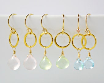 Pastel Gemstone Dangle Earrings, Eternity Circle Earrings, Gold Earrings, Pink Rose Quartz, Green Prehnite, Blue Topaz, Gemstone Earrings
