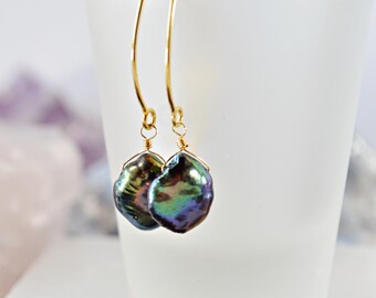Peacock Pearl Earrings, Marquise Earrings, Leaf Shape Gold Earrings, Pearl Earrings, Pearl Dangle Earrings, Rainbow Peacock Pearls, Gold