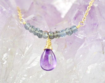 Amethyst & Moss Aquamarine Bar Necklace, Gold Necklace, Gemstone Bar Necklace, Aquamarine Necklace, February Birthstone, March Birthstone