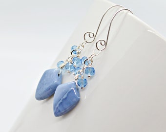 Blue Opal Earrings, Sterling Silver Spiral Ear Wires, Blue Quartz Vine Clusters, Blue Gemstone Earrings, Denim Blue, Gemstone Clusters