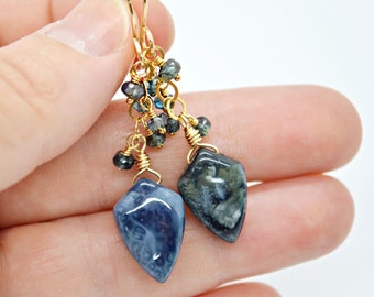 Deep Teal Blue Opal and Kyanite Earrings, Teal Blue Earrings, Blue Opal, Teal Moss Kyanite, Gold Earrings, Blue Gemstone Cluster, Blue Green
